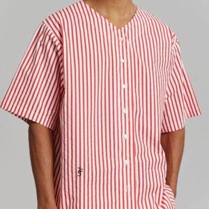 NEW The Frankie Shop Red White Stripe Tom Baseball Short Sleeve Shirt